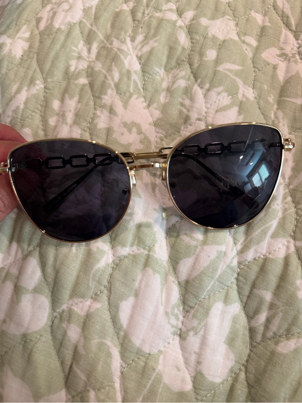 Gold Frame Black Lens Women's Sunglasses with Chain-Link Temples